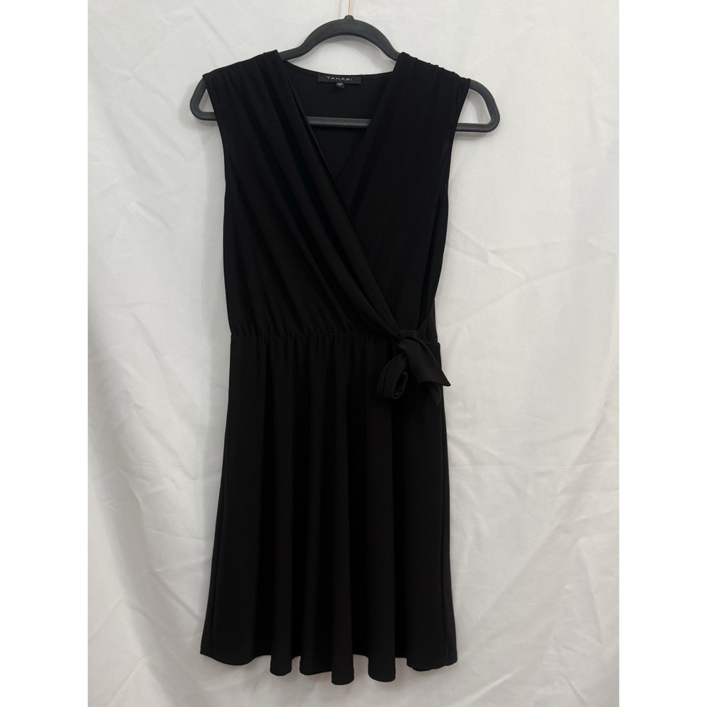 Tahari Faux Wrap Black Sleeveless V Neck Dress Tie‎ Waist Womens Size Small